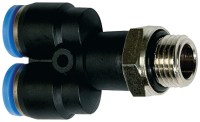 Násuvný Y-kus, otočný, G valcový vonkajší závit, rada BlueLine, tlak 15 bar, O-krúžok, PBT plast / poniklovaná mosadz